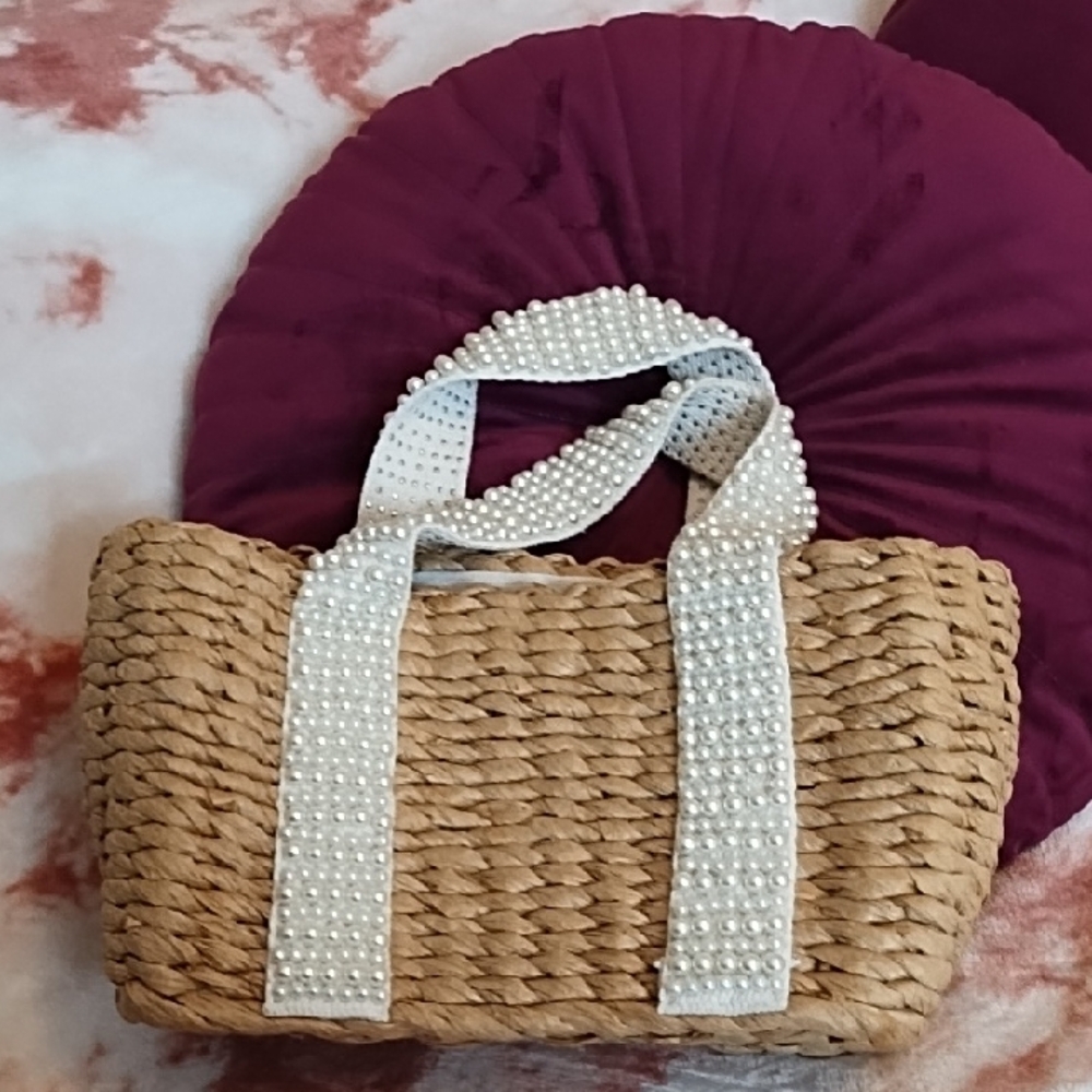 Isaac Mizrahi Tan Woven Tote with Pearl Handles